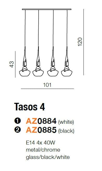 Czarna lampa wisząca Tasos 4-punktowa z metalowym i szklanym wykończeniem. Posiada cztery szklane klosze zawieszone na cienkich linkach. Wymiary: wysokość 120 cm, szerokość 101 cm. Przeznaczona do montażu sufitowego, idealna do nowoczesnych wnętrz.