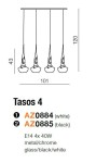 Czarna lampa wisząca Tasos 4-punktowa z metalowym i szklanym wykończeniem. Posiada cztery szklane klosze zawieszone na cienkich linkach. Wymiary: wysokość 120 cm, szerokość 101 cm. Przeznaczona do montażu sufitowego, idealna do nowoczesnych wnętrz.