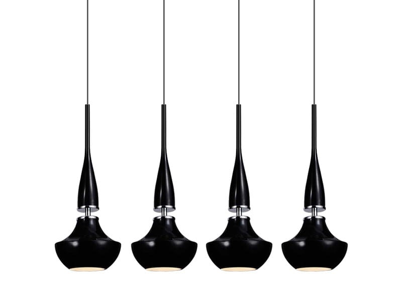 Czarna lampa wisząca Tasos 4-punktowa z eleganckimi kloszami w kształcie dzwonu. Zawieszona na cienkich linkach, z metalowymi detalami. Prosta forma, idealna do nowoczesnych wnętrz.