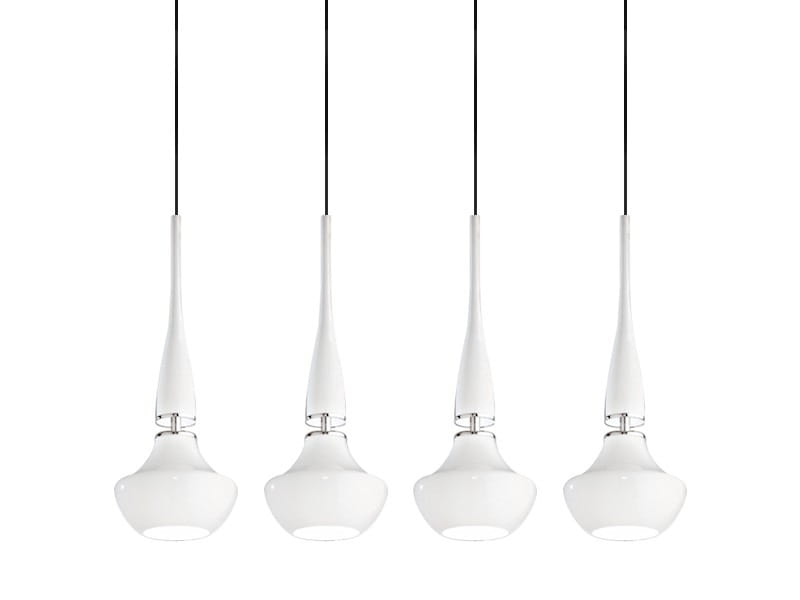 Lampa wisząca Tasos 4-punktowa w kolorze białym, składająca się z czterech szklanych kloszy o zaokrąglonym kształcie, zawieszonych na cienkich, czarnych linkach. Klosze mają połyskującą powierzchnię, a ich wysokość jest regulowana.