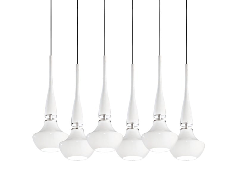 Lampa wisząca Tasos 6-punktowa w białym kolorze, składająca się z sześciu kloszy o zaokrąglonym kształcie, zawieszonych na czarnych linkach, w układzie równoległym. Klosze wykonane z matowego szkła, elegancko rozpraszają światło.