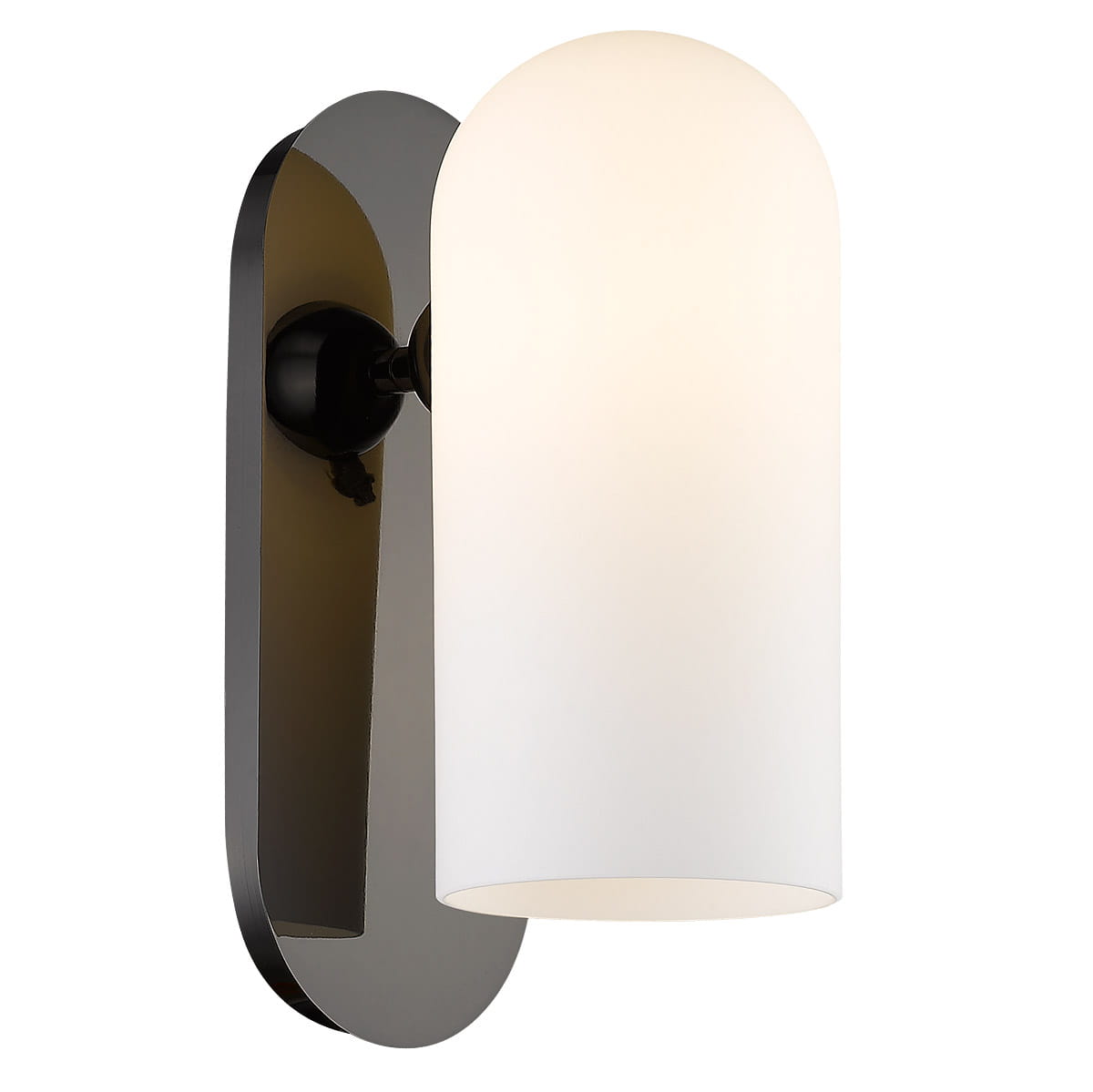 Kinkiet 1-punktowy Seoul W01773BK z czarnym metalowym mocowaniem i białym, zaokrąglonym kloszem. Lampa wisi na ścianie, zapewniając eleganckie oświetlenie. Klosz wykonany z matowego szkła, mocowanie o lustrzanej powierzchni.