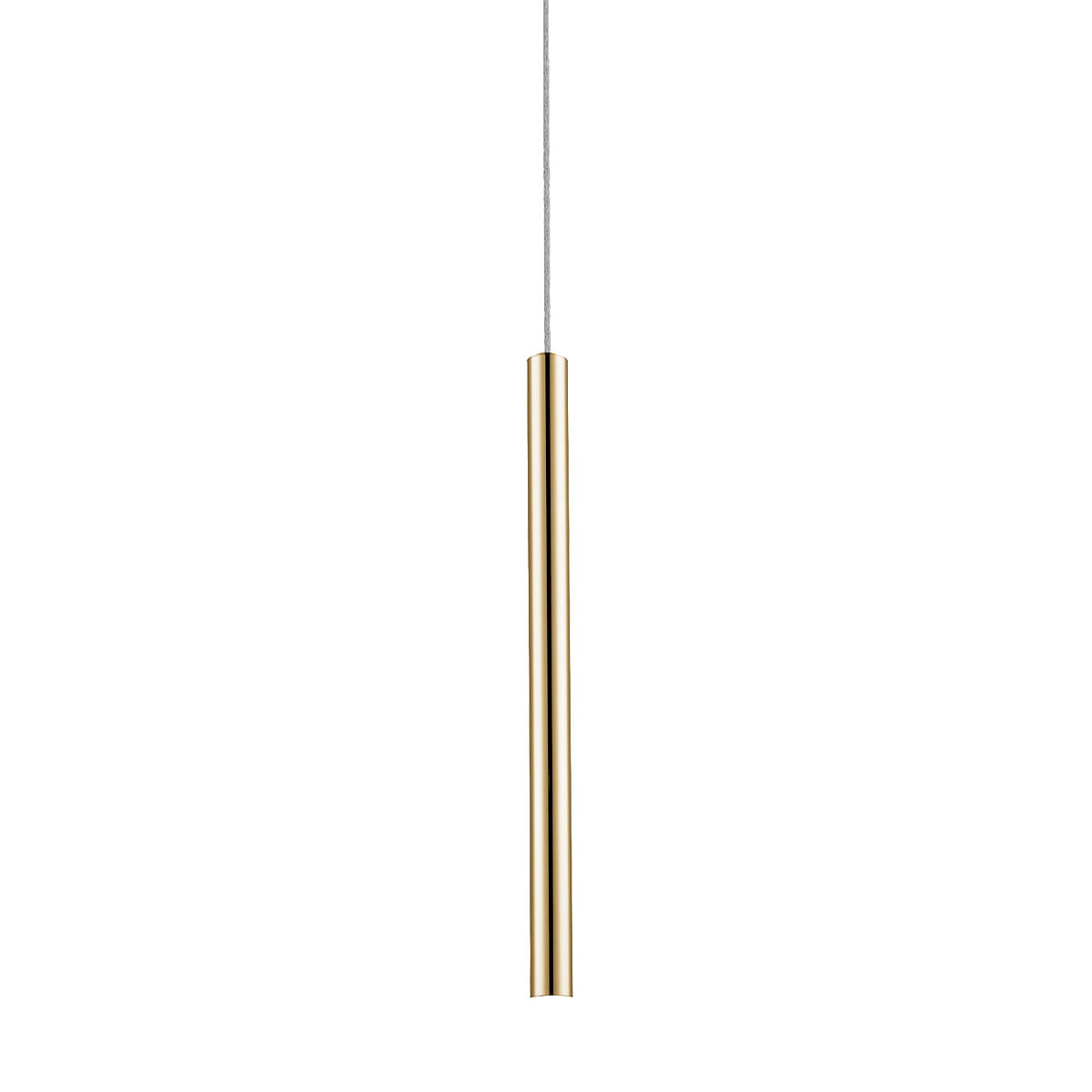 Loya LED lampa wisząca 1-punktowa w złotym kolorze, w kształcie prostego, cylindrycznego słupa. Zawieszona na cienkim, srebrnym przewodzie, prezentuje minimalistyczny styl. Idealna do nowoczesnych wnętrz.
