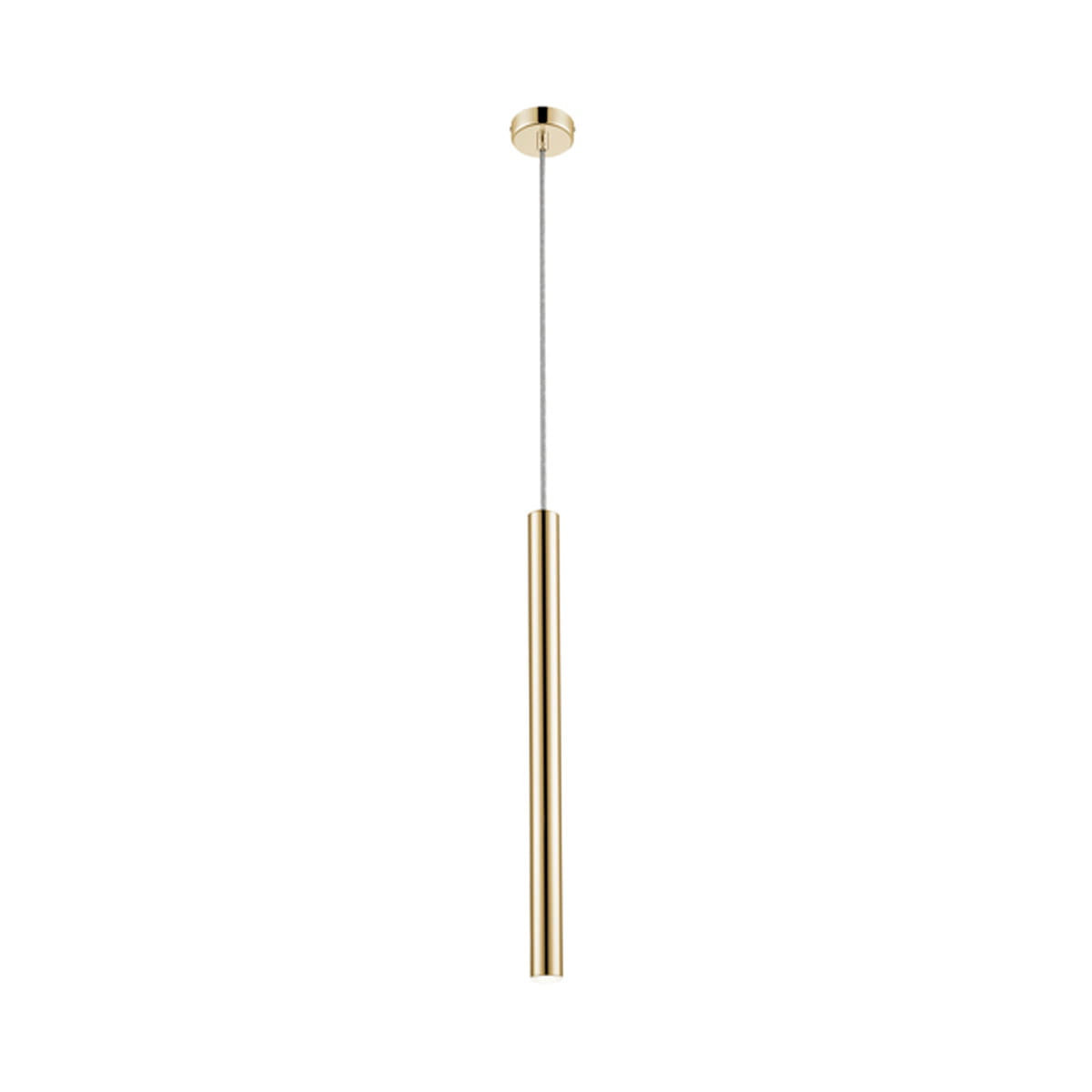 Loya LED lampa wisząca 1-punktowa w złotym kolorze, o prostym cylindrycznym kształcie. Zawieszona na cienkim kabelku, z gładką, błyszczącą powierzchnią. Ujęcie frontalne, na białym tle.