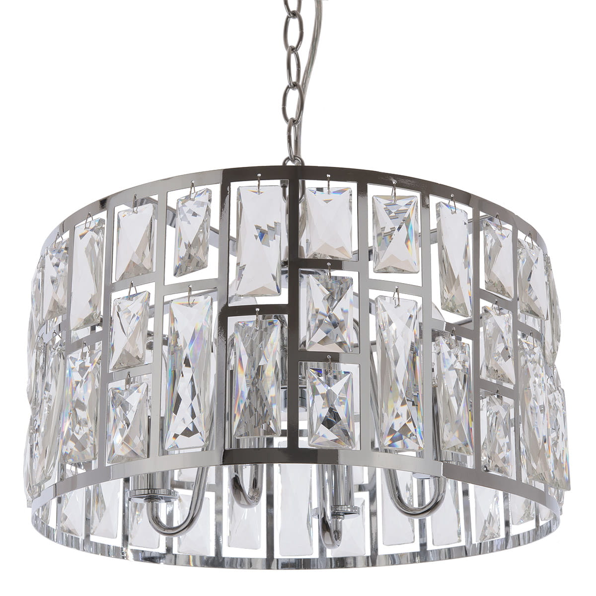 Lampa wisząca Moscow II w kolorze chromu, z czterema punktami świetlnymi. Okrągła konstrukcja z przezroczystymi kryształkami w kształcie prostokątów, zawieszona na łańcuszku. Elegancki design, idealna do nowoczesnych wnętrz.
