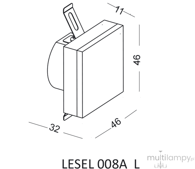 Oprawa schodowa Lesel 008A L w kształcie prostokąta, wymiary 46x46x11 mm, z metalową mocowaniem. Prosta konstrukcja, idealna do montażu na schodach, zapewniająca dodatkowe oświetlenie. Kolor obudowy nieokreślony.