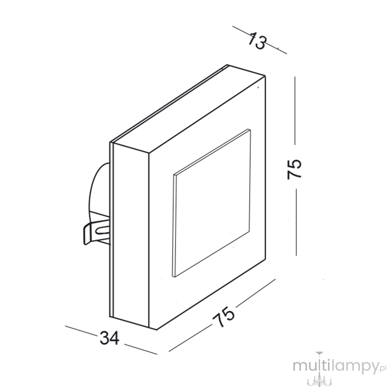 Lesel LED oprawa schodowa 008B w kształcie prostokąta, z wymiarami 75x75x13 mm. Obudowa w kolorze białym, z matowym wykończeniem. Widok z boku, z widocznym uchwytem montażowym z tyłu. Idealna do oświetlenia schodów.
