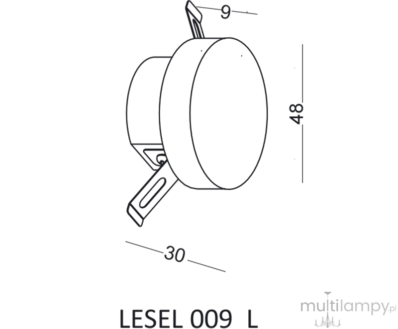 Oprawa schodowa Lesel LED 009 L, okrągła, o wymiarach 30 mm średnicy i 48 mm wysokości. Wykonana z materiału o gładkiej powierzchni, z widocznymi uchwytami montażowymi. Ujęcie z boku. Idealna do oświetlenia schodów.