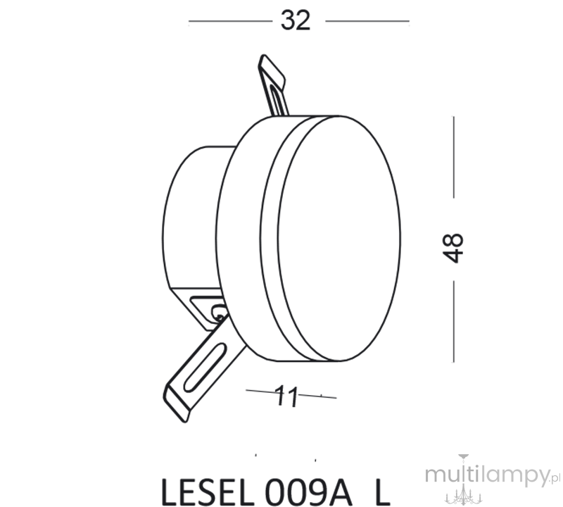 Oprawa schodowa Lesel LED 009A L w kolorze białym, okrągła, z wymiarami 32 mm średnicy i 48 mm wysokości. Posiada mocowania do montażu oraz grubość 11 mm. Elementy konstrukcyjne przedstawione na rysunku technicznym.