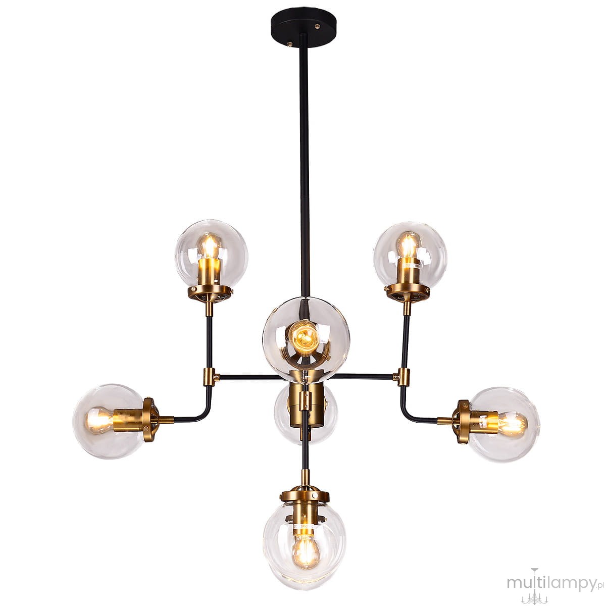 Lampa wisząca Boston 8-punktowa z metalowymi detalami w kolorze złotym i czarnym. Posiada sześć szklanych kloszy, w których umieszczone są żarówki. Stojąca na długim, prostym ramieniu, idealna do nowoczesnych wnętrz.