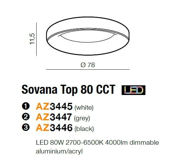 Czarny plafon LED Sovana D80 CCT o średnicy 78 cm i wysokości 11,5 cm, wykonany z aluminium i akrylu. Posiada funkcję ściemniania i regulację temperatury barwowej w zakresie 2700-6500K, z pilotem w zestawie.