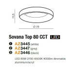 Czarny plafon LED Sovana D80 CCT o średnicy 78 cm i wysokości 11,5 cm, wykonany z aluminium i akrylu. Posiada funkcję ściemniania i regulację temperatury barwowej w zakresie 2700-6500K, z pilotem w zestawie.