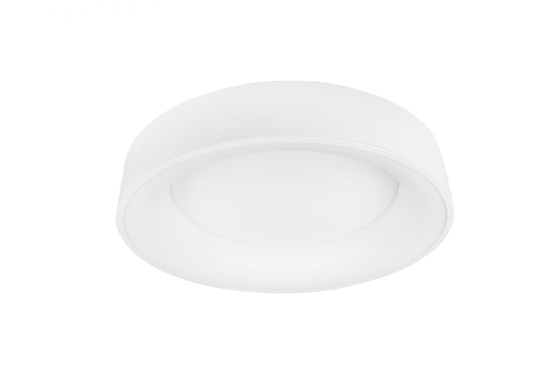 Plafon Sovana D45 CCT LED w kolorze białym, o okrągłym kształcie, zamontowany na suficie. Produkt z pilotem, charakteryzujący się gładką, matową powierzchnią. Widoczna okrągła osłona świetlna w centralnej części.