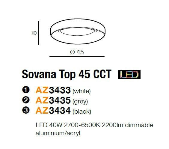 Plafon LED Sovana D45 CCT, czarny. Okrągły kształt o średnicy 45 cm, wykonany z aluminium i akrylu. Wbudowany pilot do regulacji jasności (2700-6500K). Wysokość 8 cm, moc 40W, strumień świetlny 2200 lm.