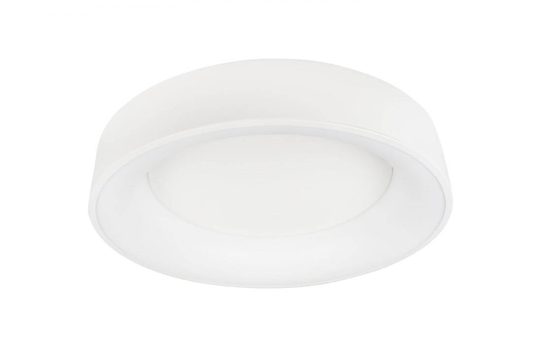 Plafon LED Sovana D55 CCT w kolorze białym, okrągły, z pilotem do zdalnego sterowania. Widok z boku, ukazuje gładką, matową powierzchnię i delikatne zaokrąglenia krawędzi. Produkt montowany sufitowo, idealny do nowoczesnych wnętrz.