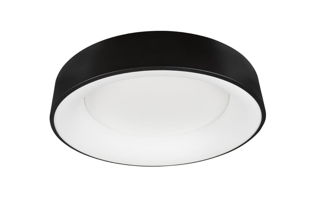 Plafon LED Sovana D55 CCT w kolorze czarnym, z pilotem, o okrągłym kształcie. Zbliżenie na gładką, matową powierzchnię z białą oprawą świetlną w środku. Montowany sufitowo, widoczny z góry, z wyraźnym konturem.