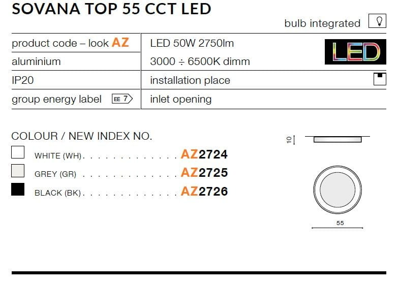 Plafon LED Sovana D55 CCT w kolorze szarym, wykonany z aluminium, o średnicy 55 mm. Posiada funkcję regulacji temperatury barwowej (3000-6500K) oraz zintegrowany pilot do sterowania. Idealny do instalacji wewnętrznych, stopień ochrony IP20.