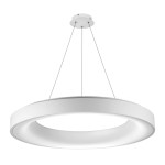 Biała lampa wisząca Sovana D80 CCT ma okrągły kształt i jest zawieszona na cienkich linkach. Posiada zintegrowane oświetlenie LED oraz pilot do zdalnego sterowania. Lampa charakteryzuje się minimalistycznym designem, idealna do nowoczesnych wnętrz.