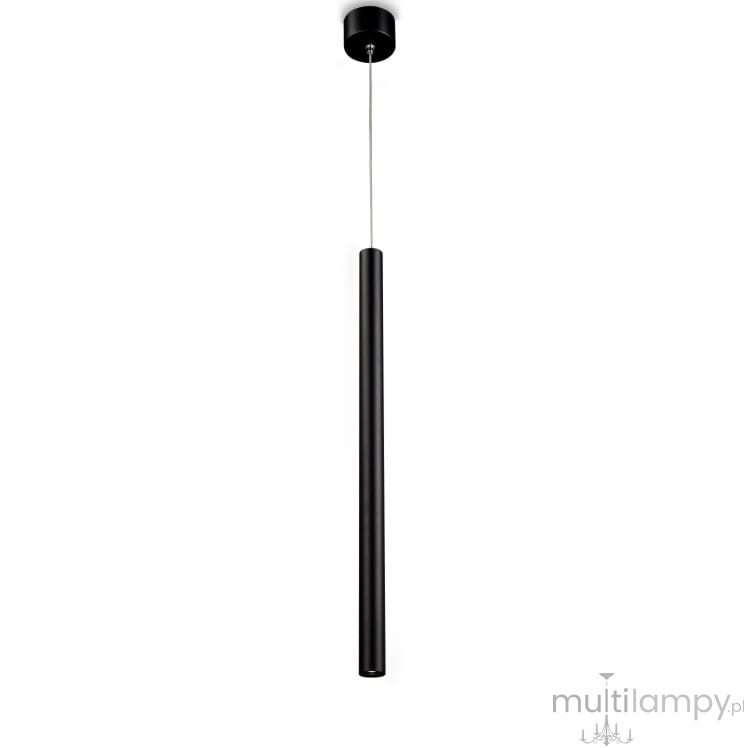 Lampa wisząca LED Scop w kolorze czarnym, o cylindrycznym kształcie. Zawieszona na cienkim przewodzie, z okrągłym mocowaniem sufitowym. Prosty design, idealna do nowoczesnych wnętrz.