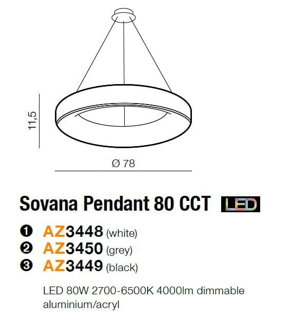 Czarna lampa wisząca Sovana D80 CCT o średnicy 78 cm i wysokości 11,5 cm, wykonana z aluminium i akrylu. Posiada funkcję ściemniania, z możliwością regulacji temperatury barwowej w zakresie 2700-6500K, z pilotem w zestawie.