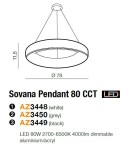 Czarna lampa wisząca Sovana D80 CCT o średnicy 78 cm i wysokości 11,5 cm, wykonana z aluminium i akrylu. Posiada funkcję ściemniania, z możliwością regulacji temperatury barwowej w zakresie 2700-6500K, z pilotem w zestawie.