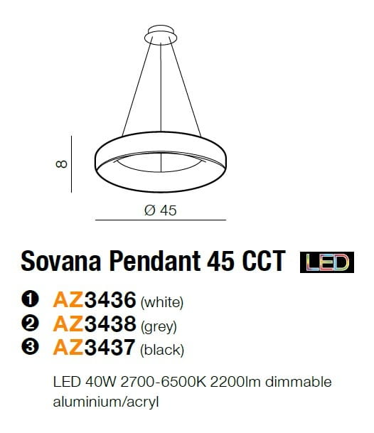 Biała lampa wisząca Sovana D45 CCT z pilotem, wykonana z aluminium i akrylu, o średnicy 45 cm i wysokości 8 cm. Posiada regulowaną temperaturę barwową LED 2700-6500K, 2200 lumenów, zawieszona na cienkim kablu.