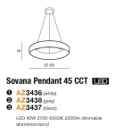Biała lampa wisząca Sovana D45 CCT z pilotem, wykonana z aluminium i akrylu, o średnicy 45 cm i wysokości 8 cm. Posiada regulowaną temperaturę barwową LED 2700-6500K, 2200 lumenów, zawieszona na cienkim kablu.