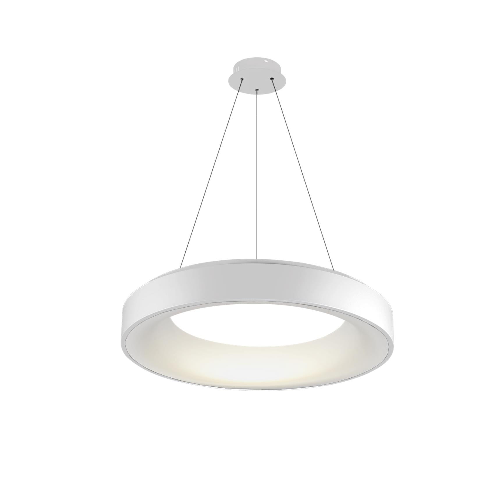 Biała lampa wisząca Sovana D45 CCT LED z pilotem, w kształcie okrągłego pierścienia. Zawieszona na cienkich linkach, z matowym wykończeniem i wbudowanym źródłem światła LED, idealna do nowoczesnych wnętrz.