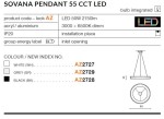 Lampa wisząca Sovana D55 CCT LED w kolorze białym, wykonana z akrylu i aluminium. Posiada jeden punkt świetlny, integruje diodę LED o mocy 50W i strumieniu 2750 lm. Zawiera pilot do regulacji temperatury barwowej (3000-6500K).