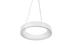 Biała lampa wisząca Sovana D55 CCT LED o okrągłym kształcie, zawieszona na cienkich linkach. Posiada minimalistyczny design i jest wyposażona w pilot do zdalnego sterowania. Tło zdjęcia jest neutralne, co podkreśla jej elegancki wygląd.