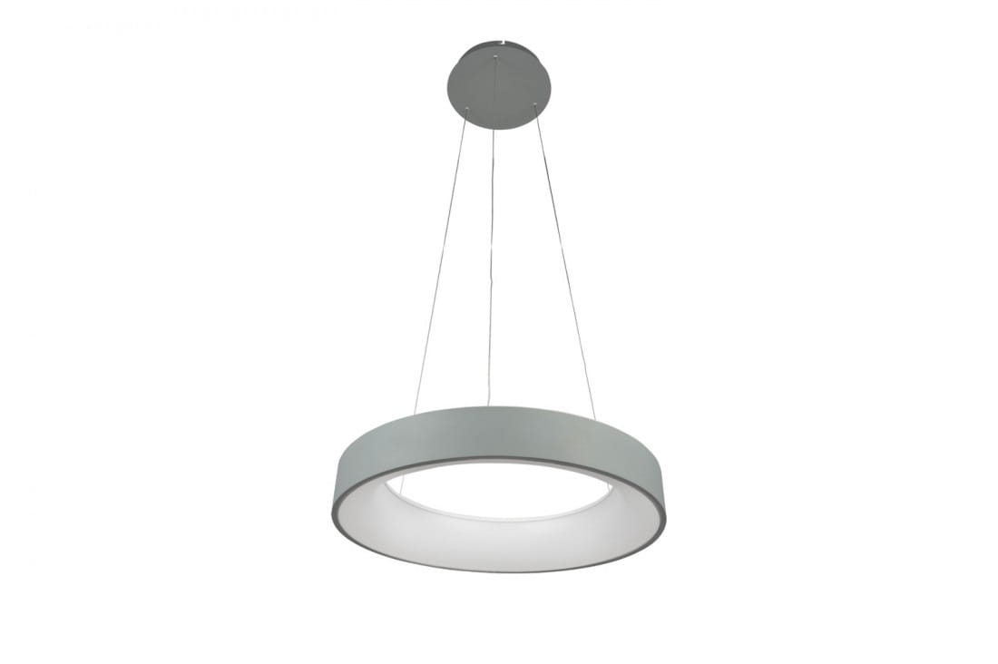Szara lampa wisząca Sovana D55 CCT LED z pilotem, w kształcie okrągłego pierścienia, zawieszona na cienkich linkach. Posiada matową obudowę zewnętrzną i przezroczystą część wewnętrzną, emitującą rozproszone światło.