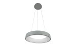 Szara lampa wisząca Sovana D55 CCT LED z pilotem, w kształcie okrągłego pierścienia, zawieszona na cienkich linkach. Posiada matową obudowę zewnętrzną i przezroczystą część wewnętrzną, emitującą rozproszone światło.