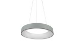 Szara lampa wisząca Sovana D55 CCT z pilotem, w kształcie okręgu, zawieszona na cienkich linkach. Posiada matową, metalową obramówkę oraz mleczne, przezroczyste wnętrze, które rozprasza światło. Idealna do nowoczesnych wnętrz.