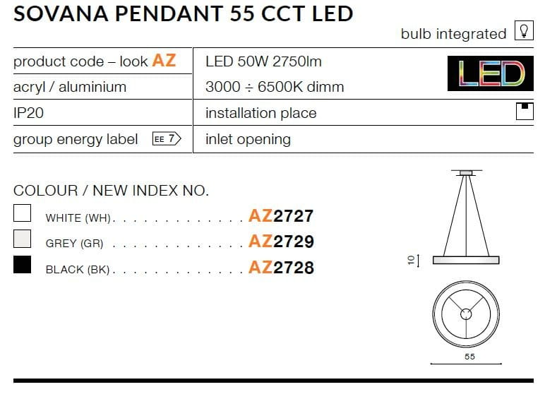 Czarna lampa wisząca Sovana D55 CCT LED o mocy 50W i jasności 2750 lumenów, wykonana z akrylu i aluminium. Posiada możliwość regulacji barwy światła (3000-6500K) oraz jest wyposażona w pilot. Kształt cylindryczny, montowana na suficie.