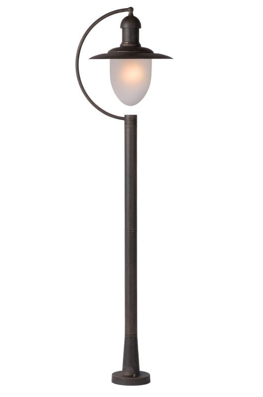 Lampa ogrodowa stojąca Aruba H110 w odcieniu rdzy, z metalową konstrukcją. Posiada zaokrąglony klosz z matowego szkła, umieszczony na smukłym słupku o podstawie w kształcie walca. Ujęcie frontalne, na białym tle.