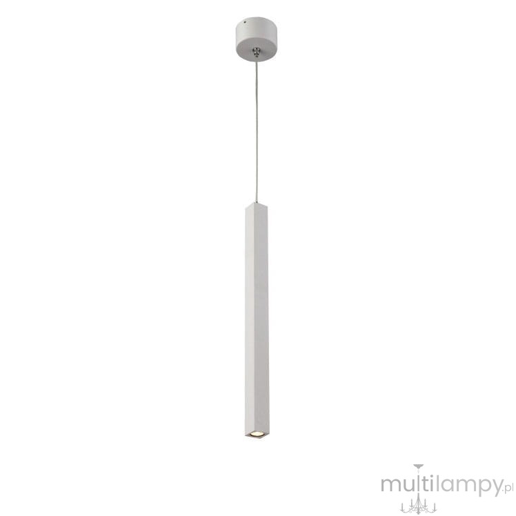 Biała lampa wisząca Cubi LED o prostokątnym kształcie, zawieszona na cienkim kablu. Posiada metalowy sufitowy uchwyt. Wykończenie matowe, minimalistyczny design, idealna do nowoczesnych wnętrz.