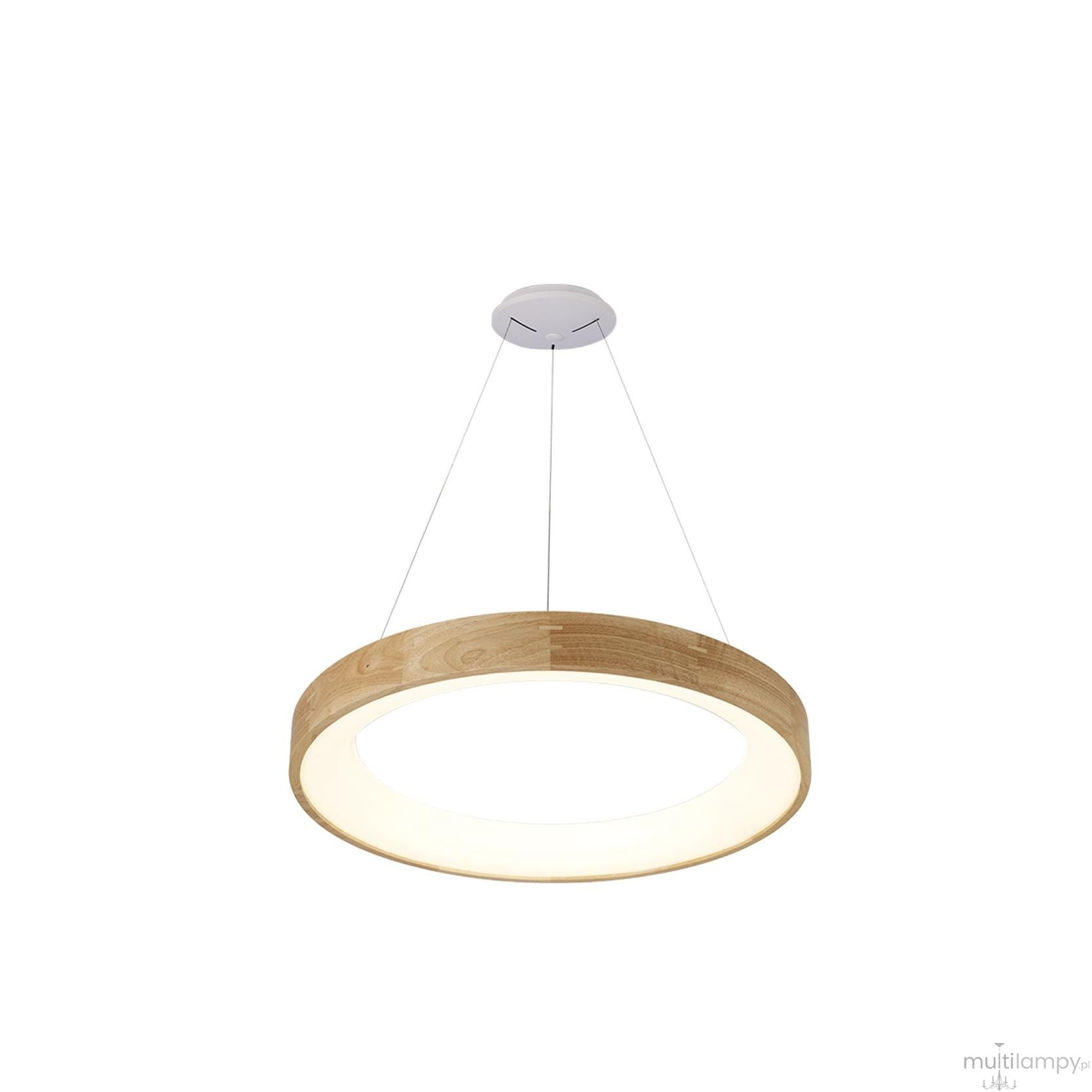Lampa wisząca Silvam D45 LED w kształcie okręgu z naturalnym drewnianym obrzeżem i matowym białym kloszem. Zawieszona na cienkich przewodach, montowana do sufitu, idealna do nowoczesnych wnętrz.