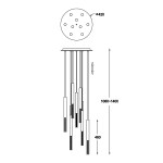 Lampa wisząca LED One, 9-punktowa, złota. Okrągły sufitowy element o średnicy 420 mm, z zawieszonymi na różnych wysokościach sześcioma rurkami. Wysokość regulowana od 1080 do 1400 mm. Wykonana z metalu, z eleganckim wykończeniem.