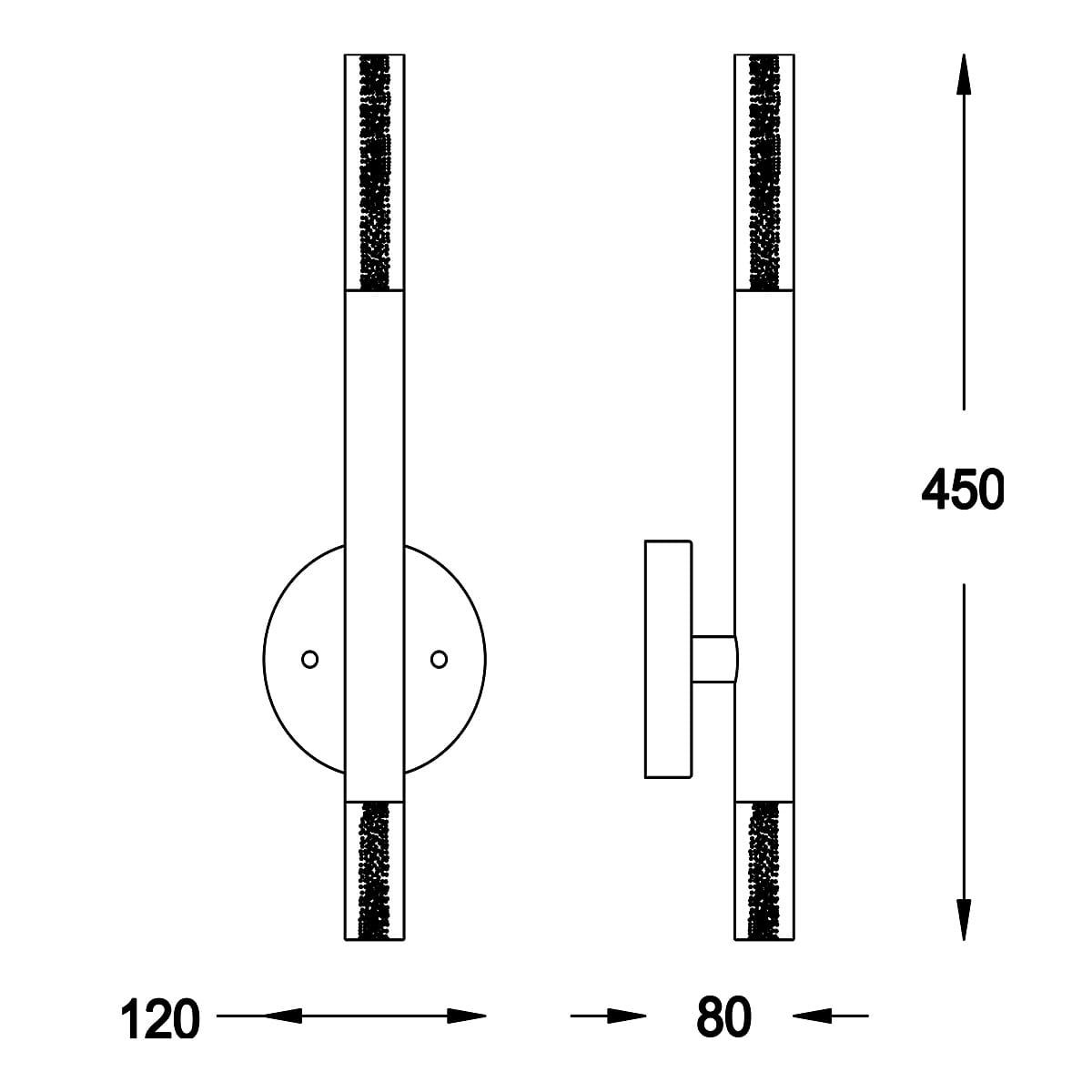 Kinkiet LED One 2-punktowy w kolorze chromu, o wymiarach 450 mm wysokości i 120 mm szerokości. Posiada dwa źródła światła w prostokątnych, cienkich oprawach. Uchwyt montażowy na ścianie w formie okrągłej podstawy.