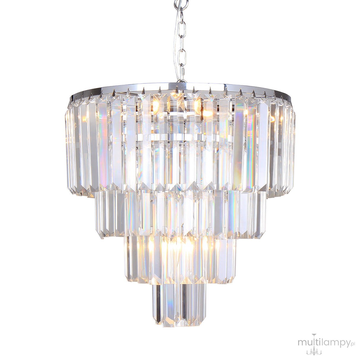 Lampa wisząca Amedeo 5-punktowa w chromowanym wykończeniu, z kryształowymi elementami w formie prostokątnych pryzmatów, zawieszona na łańcuchu. Górna część z pięcioma źródłami światła, nadająca elegancki charakter wnętrzu.