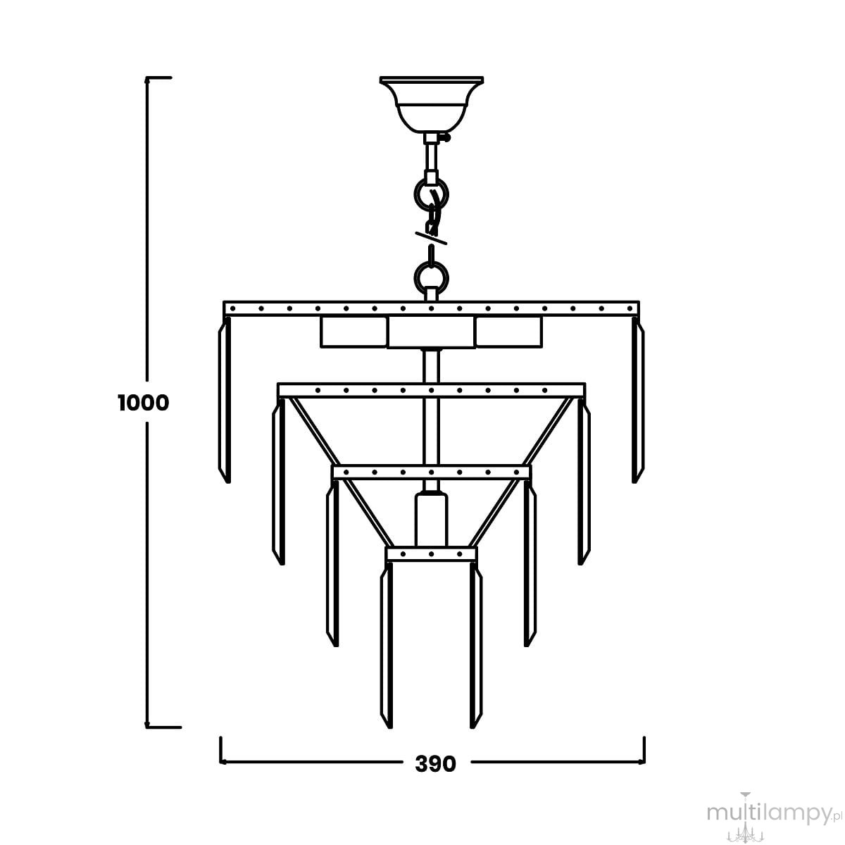 Lampa wisząca Amedeo 5-punktowa w kolorze chromu, o wymiarach 1000 mm wysokości i 390 mm szerokości. Produkt z pięcioma ramionami w formie trójkątów, zawieszony na łańcuchu, z centralnym mocowaniem. Idealna do nowoczesnych wnętrz.