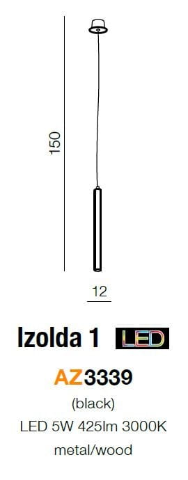 Czarna lampa wisząca Izolda 1-punktowa AZ3339, wykonana z metalu i drewna. Posiada smukły, cylindryczny kształt o średnicy 12 mm i wysokości 150 mm. Źródło światła LED 5W, 425lm, 3000K.