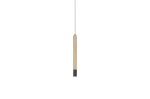 Czarna lampa wisząca Izolda LED z drewnianym uchwytem, w kształcie smukłego walca. Zawieszona na cienkim przewodzie, prezentuje minimalistyczny design. Idealna do nowoczesnych wnętrz.