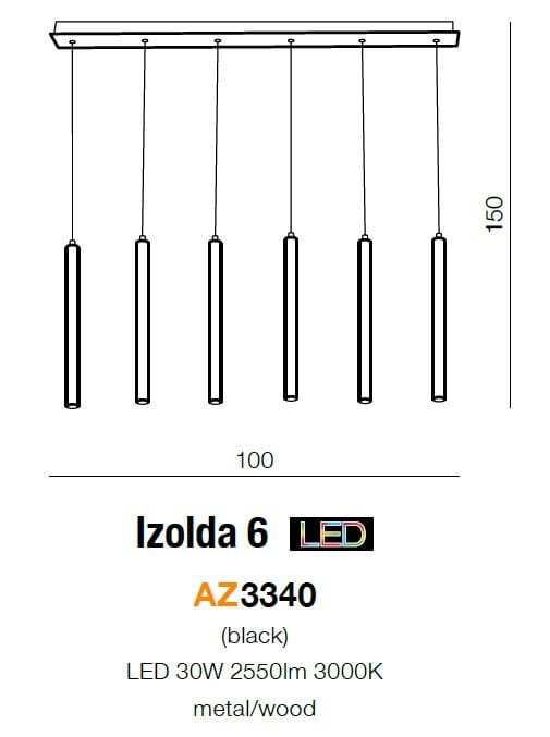 Izolda LED lampa wisząca 6-punktowa w kolorze czarnym, wykonana z metalu i drewna. Składa się z sześciu cylindrycznych elementów świetlnych, zawieszonych na prostokątnej podstawie, idealna do nowoczesnych wnętrz.