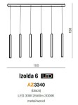 Izolda LED lampa wisząca 6-punktowa w kolorze czarnym, wykonana z metalu i drewna. Składa się z sześciu cylindrycznych elementów świetlnych, zawieszonych na prostokątnej podstawie, idealna do nowoczesnych wnętrz.