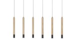 Izolda LED lampa wisząca 6-punktowa w kolorze czarnym z sześcioma prostokątnymi, drewnianymi elementami. Lampa zawieszona na cienkich czarnych przewodach, prezentuje minimalistyczny design, idealna do nowoczesnych wnętrz.