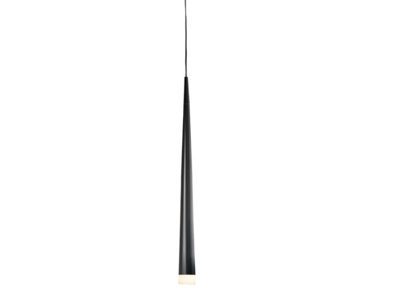 Lampa wisząca Stylo 1-punktowa w kolorze czarnym, o smukłym, stożkowatym kształcie. Zawieszona na cienkim przewodzie, z białym elementem na dole, emitującym światło. Prosty design, idealna do nowoczesnych wnętrz.