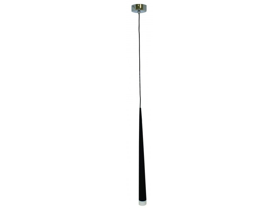 Lampa wisząca Stylo 1-punktowa w kolorze czarnym, o smukłej formie z metalowym, chromowanym mocowaniem. Produkt zawieszony na długim przewodzie, z wąskim, stożkowatym kloszem, zakończonym białym elementem na dole. Idealna do nowoczesnych wnętrz.