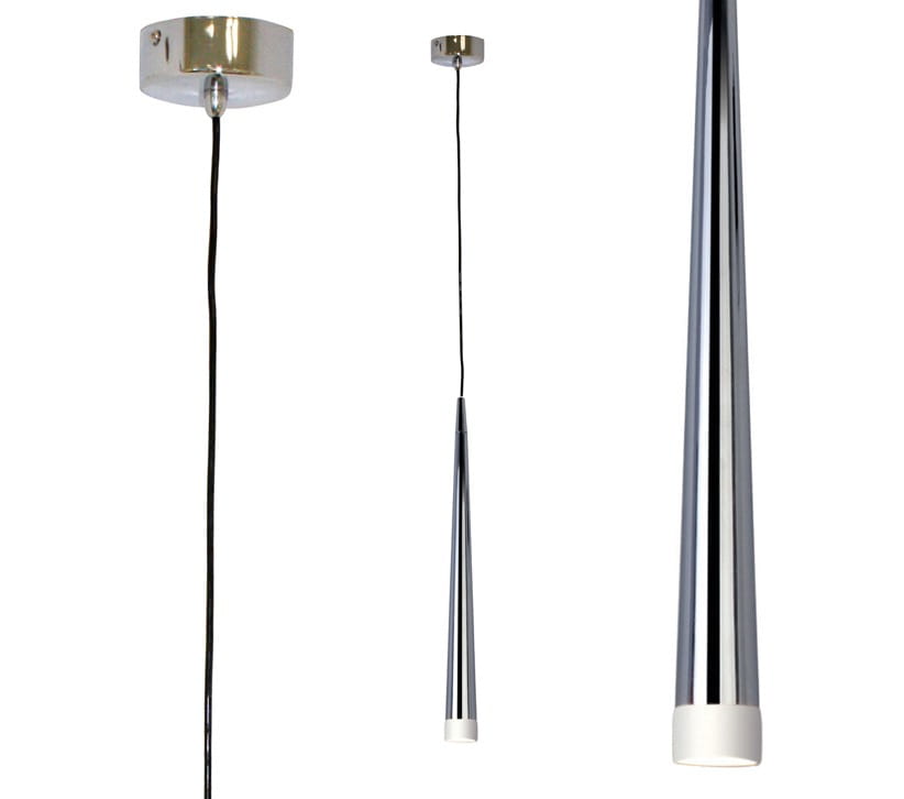 Lampa wisząca Stylo 1-punktowa w kolorze chromu, o stożkowatym kształcie, zawieszona na czarnym przewodzie. U góry metalowy stelaż, na dole biała oprawa. Produkt w pozycji wiszącej, zbliżenie na detal.