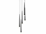 Lampa wisząca Stylo 5-punktowa w kolorze czarnym, składająca się z pięciu smukłych, stożkowatych kloszy z białymi detalami na dole. Zawieszona na cienkich linkach, w minimalistycznym stylu, idealna do nowoczesnych wnętrz.